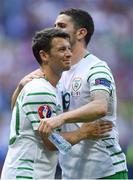 26 June 2016; Wes Hoolahan, left, and Robbie Brady of Republic of Ireland the UEFA Euro 2016 Round of 16 match between France and Republic of Ireland at Stade des Lumieres in Lyon, France. Photo by Stephen McCarthy/Sportsfile