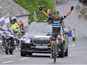 26 June 2016; Nicholas Roche of Team Sky Procycling celebrates as he crosses the finish line to take victory in the Elite Men's event at the National Road Race Championships in Kilcullen, Co Kildare. Photo by Stephen McMahon / Sportsfile
