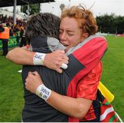 26 June 2016; Barbara Pla of Spain celebrates her team's victory with a family member following the World Rugby Women's Sevens Olympic Repechage Championship Final match between Russia and Spain at UCD Sports Centre in Belfield, Dublin. Photo by Seb Daly/Sportsfile