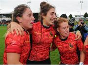 26 June 2016; Amaia Erbina, left, Iera Echebarria, centre, and Barbara Pla, right of Spain celebrates their team's victory following the World Rugby Women's Sevens Olympic Repechage Championship Final match between Russia and Spain at UCD Sports Centre in Belfield, Dublin. Photo by Seb Daly/Sportsfile