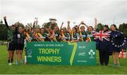 26 June 2016; Cook Islands players celebrate their team's victory in the World Rugby Women's Sevens Olympic Repechage Trophy Final match between Cook Islands and Hong Kong at UCD Sports Centre in Belfield, Dublin. Photo by Seb Daly/Sportsfile