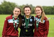 26 June 2016; Galway and District League players Sadhbh Doyle, left, and Heather Payne, right, with Tiegan Ruddy of Metropolitan Girls League after their FAI U16 Gaynor Cup Final at University of Limerick in Limerick. Photo by Diarmuid Greene/Sportsfile