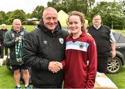 26 June 2016; Heather Payne of Galway and District League is awarded the Player of the Tournament by Republic of Ireland u19 assistant coach Dave Bell, after defeating Metropolitan Girls League in their FAI U16 Gaynor Cup Final at University of Limerick in Limerick. Photo by Diarmuid Greene/Sportsfile