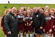 26 June 2016; Galway and District League joint captains Meghen Hengerer, left, and Aoife Lynagh are presented with the Jeremy Dee Cup by Republic of Ireland u19 head coach Dave Connell, left, and assistant coach Dave Bell, after defeating Metropolitan Girls League in their FAI U16 Gaynor Cup Final at University of Limerick in Limerick. Photo by Diarmuid Greene/Sportsfile