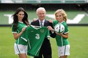 5 August 2010; Republic of Ireland manager Giovanni Trapattoni with models Georgia Salpa, left, and Sara Kavanagh as 3, Ireland’s largest high speed network, today announced a four year agreement which sees 3 become the primary sponsor of the Irish national football team and all international squads. 3 will not only support the national team but will also work with football at grassroots level involving clubs and leagues up and down the country. The deal comes at an extremely exciting time for Irish football, coinciding with the move to a new world-class home in the Aviva Stadium and the continued growth of the senior international team under Giovanni Trapattoni and Marco Tardelli. With more than half-a million customers, 3 is aiming to increase its brand awareness and market share through the new agreement. Visit www.three.ie for more details. Aviva Stadium, Lansdowne Road, Dublin. Picture credit: Ray McManus / SPORTSFILE