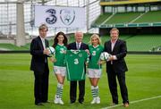 5 August 2010; Republic of Ireland manager Giovanni Trapattoni with Robert Finnegan, CEO, 3, John Delaney, Chief Executive, FAI, and models Georgia Salpa, left, and Sara Kavanagh as 3, Ireland’s largest high speed network, today announced a four year agreement which sees 3 become the primary sponsor of the Irish national football team and all international squads. 3 will not only support the national team but will also work with football at grassroots level involving clubs and leagues up and down the country. The deal comes at an extremely exciting time for Irish football, coinciding with the move to a new world-class home in the Aviva Stadium and the continued growth of the senior international team under Giovanni Trapattoni and Marco Tardelli. With more than half-a million customers, 3 is aiming to increase its brand awareness and market share through the new agreement. Visit www.three.ie for more details. Aviva Stadium, Lansdowne Road, Dublin. Picture credit: Ray McManus / SPORTSFILE