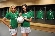5 August 2010; Models Georgia Salpa, right, and Sara Kavanagh as 3, Ireland’s largest high speed network, today announced a four year agreement which sees 3 become the primary sponsor of the Irish national football team and all international squads. 3 will not only support the national team but will also work with football at grassroots level involving clubs and leagues up and down the country. With more than half-a million customers, 3 is aiming to increase its brand awareness and market share through the new agreement. Visit www.three.ie for more details. Aviva Stadium, Lansdowne Road, Dublin. Picture credit: Brendan Moran / SPORTSFILE