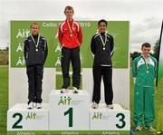 7 August 2010; Luke Jennings, Wales, stands on the top step of the podium alongside John McCall, left, Scotland, and Andrew Creamer, Ulster Athletics, and Eoghan Courtney, right, Athletics Ireland, after winning the U- 16 Boy's 80m Hurldes. Celtic Games Track and Field, Athlone 2010, Athlone Institute of Technology, Athlone, Co. Westmeath. Picture credit: Barry Cregg / SPORTSFILE