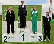 7 August 2010; Paula Gass, Scotland, stands on the top step of the podium alongside Zoe Priestley, left, Wales, and Jenny Murphy, Athletics Ireland, and Emer Boyce, right, Ulster Athletics, after winning the U-18 Womens Javelin. Celtic Games Track and Field, Athlone 2010, Athlone Institute of Technology, Athlone, Co. Westmeath. Picture credit: Barry Cregg / SPORTSFILE