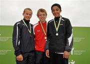 7 August 2010; The winner Luke Jennings, Wales, centre, John McCall, left, Scotland, and Andrew Creamer, Ulster Athletics, on the podium after the U- 16 Boy's 80m Hurldes. Celtic Games Track and Field, Athlone 2010, Athlone Institute of Technology, Athlone, Co. Westmeath. Picture credit: Barry Cregg / SPORTSFILE