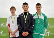 7 August 2010; The winner Josh Walker, Scotland, centre, with Ryhs Williams, left, Wales, and Eoin Power, Athletics Ireland, after the U-18 Mens 100m Hurdles. Celtic Games Track and Field, Athlone 2010, Athlone Institute of Technology, Athlone, Co. Westmeath. Picture credit: Barry Cregg / SPORTSFILE