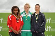 7 August 2010; The winner Sarah Lavin, Athletics Ireland, centre, with Sarah Outung, left, Wales, and Jasmine Millen, Scotland, after the U-18 Women 80m Hurdles. Celtic Games Track and Field, Athlone 2010, Athlone Institute of Technology, Athlone, Co. Westmeath. Picture credit: Barry Cregg / SPORTSFILE