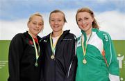 7 August 2010; The winner Paula Gass, Scotland, centre, with Zoe Priestley, left, Wales, and Jenny Murphy, Athletics Ireland, after the U-18 Womens Javelin. Celtic Games Track and Field, Athlone 2010, Athlone Institute of Technology, Athlone, Co. Westmeath. Picture credit: Barry Cregg / SPORTSFILE