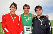 7 August 2010; The winner Marco Pons, Athletics Ireland, centre, with Ryan Leonard, left, Wales and Chris Barnes, Scotland, after the U-18 Mens Discuss. Celtic Games Track and Field, Athlone 2010, Athlone Institute of Technology, Athlone, Co. Westmeath. Picture credit: Barry Cregg / SPORTSFILE
