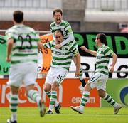 8 August 2010; Dan Murray, centre, Shamrock Rovers, celebrates after scoring his side's first goal with team-mate's Gary Twigg, top, and Robert Bayly, right. Airtricity League Premier Division, Shamrock Rovers v Bohemians, Tallaght Stadium, Tallaght, Dublin. Picture credit: David Maher / SPORTSFILE