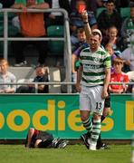 8 August 2010; Pat Flynn, Shamrock Rovers, is shown a red card by referee Dave McKeon. Airtricity League Premier Division, Shamrock Rovers v Bohemians, Tallaght Stadium, Tallaght, Dublin. Photo by Sportsfile
