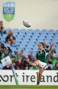 25 June 2016; Christina Ramos of Portugal kicks a conversion after scoring her side's second try of the match during the World Rugby Women's Sevens Olympic Repechage Pool C match between Portugal and Trinidad and Tobago at UCD Sports Centre in Belfield, Dublin. Photo by Seb Daly/Sportsfile