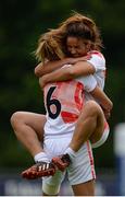 25 June 2016; Ameni Gharbi, left, and Dhekra Khemili of Tunisia celebrate their side's victory during the World Rugby Women's Sevens Olympic Repechage Pool B match between Venezuela and Tunisia at UCD Sports Centre in Belfield, Dublin. Photo by Seb Daly/Sportsfile