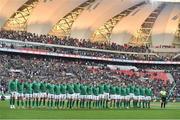 25 June 2016; The Ireland team stand for the national anthems before the Castle Lager Incoming Series 3rd Test between South Africa and Ireland at the Nelson Mandela Bay Stadium in Port Elizabeth, South Africa. Photo by Brendan Moran/Sportsfile