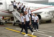 27 June 2016; The Republic of Ireland squad including Shane Duffy, front, on their arrival back from UEFA Euro 2016 on CityJet's new Superjet. CityJet is the official partner to the FAI. Dublin Airport, Dublin. Photo by Piaras Ó Mídheach/Sportsfile