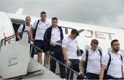 27 June 2016; Shane Duffy, front, James McClean, Seamus Coleman, James McCarthy, Ciaran Clark and David Meyler of Republic of Ireland on their arrival back from UEFA Euro 2016 on CityJet's new Superjet. CityJet is the official partner to the FAI. Dublin Airport, Dublin. Photo by Piaras Ó Mídheach/Sportsfile