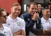 27 June 2016; Richard Keogh, left, and John O'Shea, right, of Republic of Ireland during their return from UEFA Euro 2016 in France at Dublin Airport, Dublin. Photo by Seb Daly/Sportsfile