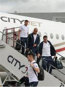 27 June 2016; Pictured, front to back, are Robbie Keane, John O'Shea, Darren Randolph and Jonathan Walters of Republic of Ireland on their arrival back from UEFA Euro 2016 on CityJet's new Superjet. CityJet is the official partner to the FAI. Dublin Airport, Dublin. Photo by Piaras Ó Mídheach/Sportsfile