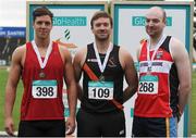 25 June 2016; Mens Javelin medallists, from left, Stephen Rice of Sli Cualann A.C., silver, Rory Gunning of Clonliffe Harriers A.C., gold, and Sean McBride of Lifford Strabane A.C., bronze, during the GloHealth National Senior Track & Field Championships at Morton Stadium in Santry, Co Dublin. Photo by Sam Barnes/Sportsfile