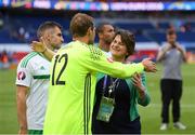 25 June 2016; Northern Ireland's First Minister Arlene Foster with Roy Carroll of Northern Ireland following the UEFA Euro 2016 Round of 16 match between Wales and Northern Ireland at Parc de Princes in Paris, France. Photo by Stephen McCarthy/Sportsfile
