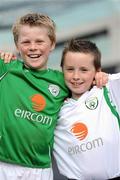 11 August 2010; Republic of Ireland fans Colm Meerick, age 11, and Eoghan Casey, age 9, from Castleblaney, Co. Monaghan, on their way to the game. International Friendly, Republic of Ireland v Argentina, Aviva Stadium, Lansdowne Road, Dublin. Picture credit: Stephen McCarthy / SPORTSFILE