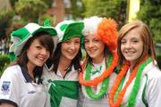 11 August 2010; Republic of Ireland fans, from left to right, Shauna McGuire, Niamh McCormack, Laura Lyons and Shannon Lewis, all from Kilmallock, Co. Limerick, on their way to the game. International Friendly, Republic of Ireland v Argentina, Aviva Stadium, Lansdowne Road, Dublin. Picture credit: Ray McManus / SPORTSFILE