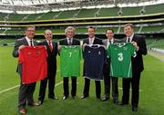 12 August 2010; Ian Walsh, Wales, Pat Jennings, Northern Ireland, Craig Burley, Scotland and Packie Bonner, Republic of Ireland, with Niall McMullen, second from left, Head of Sales, Molson Coors Northern Ireland and Niall Phelen, second from right, Molson Coors Country Manager for Ireland at an FAI press conference to announce Carling as the title sponsor for the new Four Nation tournament involving Scotland, Northern Ireland, Wales and the Republic of Ireland, which will take place for the first time in Dublin’s Aviva Stadium in 2011. Aviva Stadium, Lansdowne Road, Dublin. Picture credit: Ray McManus / SPORTSFILE