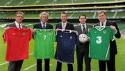 12 August 2010; Ian Walsh, Wales, Pat Jennings, Northern Ireland, Craig Burley, Scotland and Packie Bonner, Republic of Ireland, with Niall McMullen, second from right, Head of Sales, Molson Coors Northern Ireland, at an FAI press conference to announce Carling as the title sponsor for the new Four Nation tournament involving Scotland, Northern Ireland, Wales and the Republic of Ireland, which will take place for the first time in Dublin’s Aviva Stadium in 2011. Aviva Stadium, Lansdowne Road, Dublin. Picture credit: Ray McManus / SPORTSFILE
