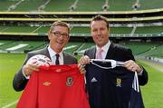 12 August 2010; Ian Walsh, Wales, and Craig Burley, Scotland, at an FAI press conference to announce Carling as the title sponsor for the new Four Nation tournament involving Scotland, Northern Ireland, Wales and the Republic of Ireland, which will take place for the first time in Dublin’s Aviva Stadium in 2011. Aviva Stadium, Lansdowne Road, Dublin. Picture credit: Ray McManus / SPORTSFILE