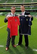 12 August 2010; Ian Walsh, Wales, and Craig Burley, Scotland, at an FAI press conference to announce Carling as the title sponsor for the new Four Nation tournament involving Scotland, Northern Ireland, Wales and the Republic of Ireland, which will take place for the first time in Dublin’s Aviva Stadium in 2011. Aviva Stadium, Lansdowne Road, Dublin. Picture credit: Ray McManus / SPORTSFILE