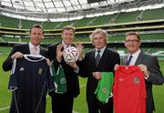 12 August 2010; Craig Burley, Scotland, Packie Bonner, Republic of Ireland,  Pat Jennings, Northern Ireland, and Ian Walsh, Wales, at an FAI press conference to announce Carling as the title sponsor for the new Four Nation tournament involving Scotland, Northern Ireland, Wales and the Republic of Ireland, which will take place for the first time in Dublin’s Aviva Stadium in 2011. Aviva Stadium, Lansdowne Road, Dublin. Picture credit: Ray McManus / SPORTSFILE
