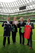 12 August 2010; Craig Burley, Scotland, Packie Bonner, Republic of Ireland,  Pat Jennings, Northern Ireland, and Ian Walsh, Wales, at an FAI press conference to announce Carling as the title sponsor for the new Four Nation tournament involving Scotland, Northern Ireland, Wales and the Republic of Ireland, which will take place for the first time in Dublin’s Aviva Stadium in 2011. Aviva Stadium, Lansdowne Road, Dublin. Picture credit: Ray McManus / SPORTSFILE