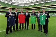 12 August 2010; FAI Chief Executive John Delaney, Republic of Ireland assistant manager Marco Tardelli,  Craig Burley, Scotland, Ian Walsh, Wales, Pat Jennings, Northern Ireland,and Packie Bonner, Republic of Ireland, with Niall Phelen, second from right, Molson Coors Country Manager for Ireland at an FAI press conference to announce Carling as the title sponsor for the new Four Nation tournament involving Scotland, Northern Ireland, Wales and the Republic of Ireland, which will take place for the first time in Dublin’s Aviva Stadium in 2011. Aviva Stadium, Lansdowne Road, Dublin. Picture credit: Ray McManus / SPORTSFILE
