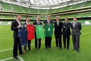 12 August 2010; FAI Chief Executive John Delaney, Republic of Ireland assistant manager Marco Tardelli, Craig Burley, Scotland, Ian Walsh, Wales, Pat Jennings, Northern Ireland, and Packie Bonner, Republic of Ireland, with Niall Phelen, right, Molson Coors Country Manager for Ireland at an FAI press conference to announce Carling as the title sponsor for the new Four Nation tournament involving Scotland, Northern Ireland, Wales and the Republic of Ireland, which will take place for the first time in Dublin’s Aviva Stadium in 2011. Aviva Stadium, Lansdowne Road, Dublin. Picture credit: Ray McManus / SPORTSFILE