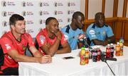 28 June 2016; Coach Simon Helmot, left, and Dwayne Bravo of Trinbago Knight Riders, with captain Darren Sammy and coach Stuart Williams of St Lucia Zouks during a press conference for Hero CPL T20 Caribbean Premier League before match one at Queens Park Oval, Port of Spain, Trinidad. Photo by Randy Brooks/Sportsfile