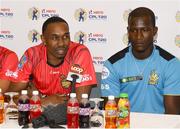 28 June 2016; Dwayne Bravo, left, of Trinbago Knight Riders and Darren Sammy of St Lucia Zouks during a press conference for Hero CPL T20 Caribbean Premier League before match one at Queens Park Oval, Port of Spain, Trinidad. Photo by Randy Brooks/Sportsfile