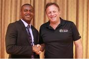 28 June 2016; Shawn Richards, Deputy Prime Minister, Ministry of Sports, with Peter Russell, Chief Operating Officer, CPL, during a CPL Press Conference at St. Kitts Marriott Resort, Frigate Bay, St. Kitts & Nevis. Photo by: Ashley Allen/Sportsfile