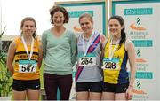 26 June 2016; Former World Champion and Olympic silver medallist, Sonia O'Sullivan with winners of the Women's 800m, Síofra Cléirigh Buttner, right, DSD AC, Dublin, second place Louise Shanahan, left, Leevale AC, Co.Cork and far right, third place Alanna Lally, UCD AC, Dublin, during the GloHealth National Senior Track & Field Championships at Morton Stadium in Santry, Co Dublin. Photo by Tomás Greally/Sportsfile