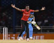 29 June 2016; Ronsford Beaton, left, of Trinbago Knight Riders unsuccessful appeal for lbw against David Miller of St Lucia Zouks during Match 1 of the Hero Caribbean Premier League between Trinbago Knight Riders and St Lucia Zouks at the Queen's Park Oval in Port of Spain, Trinidad. Photo by: Randy Brooks/Sportsfile