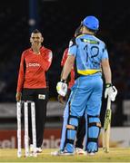 29 June 2016; Sunil Narine, left, of Trinbago Knight Riders reacts after David Miller of St Lucia Zouks is not out lbw during Match 1 of the Hero Caribbean Premier League between Trinbago Knight Riders and St Lucia Zouks at the Queen's Park Oval in Port of Spain, Trinidad. Photo by: Randy Brooks/Sportsfile