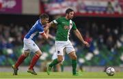 30 June 2016; Gearóid Morrissey of Cork City in action against Stephen Lowry of Linfield during the UEFA Europa League First Qualifying Round 1st Leg game between Linfield and Cork City at Windsor Park in Belfast. Photo by Ramsey Cardy/Sportsfile