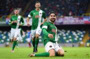 30 June 2016; Sean Maguire of Cork City celebrates after scoring his side's first goal of the game during the UEFA Europa League First Qualifying Round 1st Leg game between Linfield and Cork City at Windsor Park in Belfast. Photo by Ramsey Cardy/Sportsfile