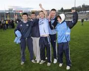 1 May 2010; Dublin supporters, from left to right, Bill O'Carroll, Shane Horan, Mark Lynsky, Brian Hanamy and Oisín O'Carroll celebrate after the game. Bill and Oisín are brothers of Man of the Match Rory O'Carroll. Cadbury GAA Football Under 21 All-Ireland Championship Final, Dublin v Donegal, Kingspan Breffni Park, Cavan. Picture credit: Dáire Brennan / SPORTSFILE