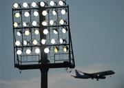 13 August 2010; A general view of Ravenhill Park floodlights as a plane comes into land at the George Best City Airport. Pre-Season Friendly, Ulster v Bath, Ravenhill Park, Belfast, Co. Antrim. Picture credit: Oliver McVeigh / SPORTSFILE