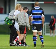 13 August 2010; Ulster's Paddy McAllister is helped off  the field during the second half and was subsequently taken to hospital. Pre-Season Friendly, Ulster v Bath, Ravenhill Park, Belfast, Co. Antrim. Picture credit: Oliver McVeigh / SPORTSFILE
